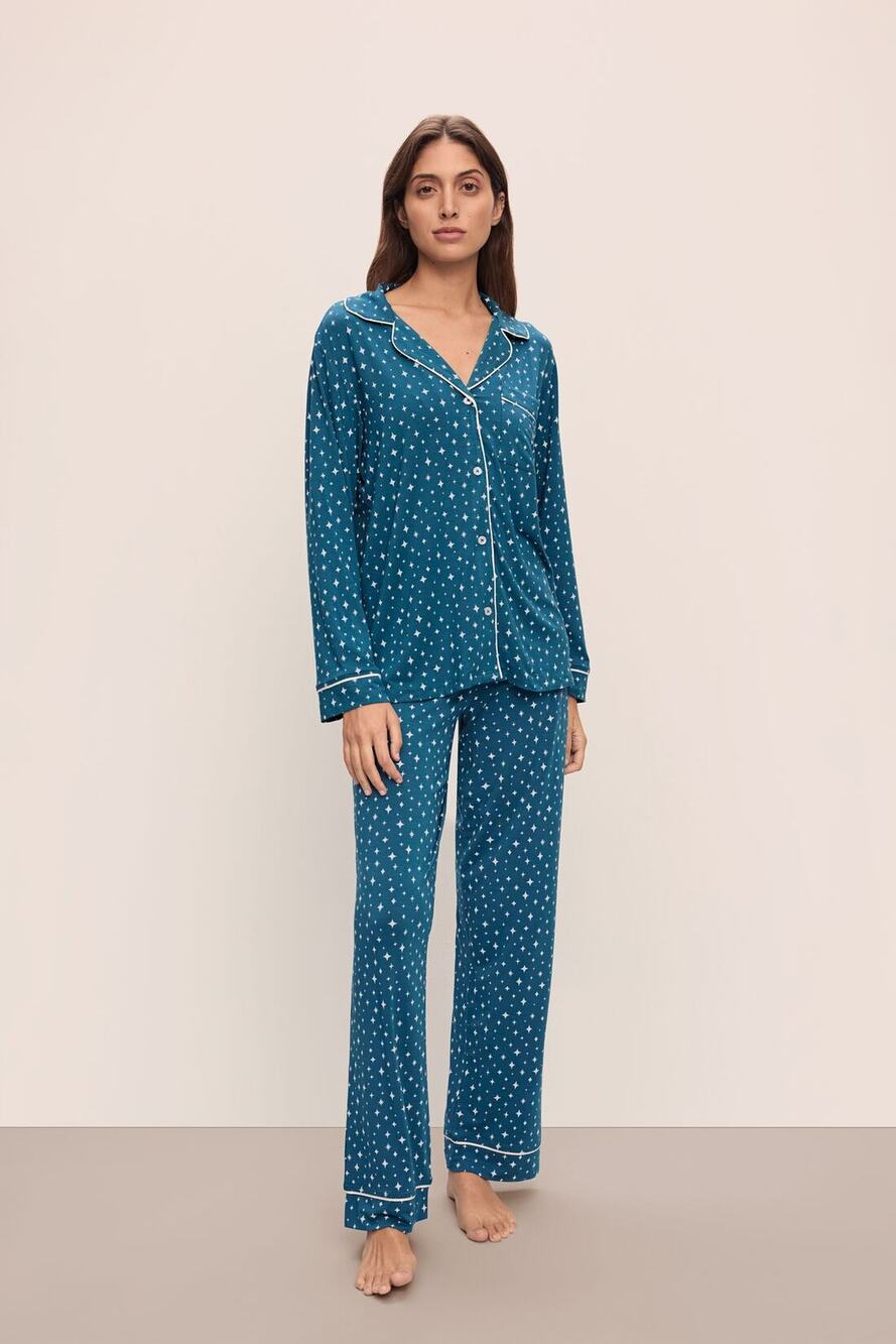 Eberjey Printed Modal Long PJ Set Festive Lights Sapphire/Ivory Small Cozy